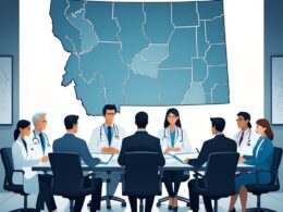 A group of medical and legal professionals sitting around a conference table reviewing documents with a map of Montana on the wall behind them.