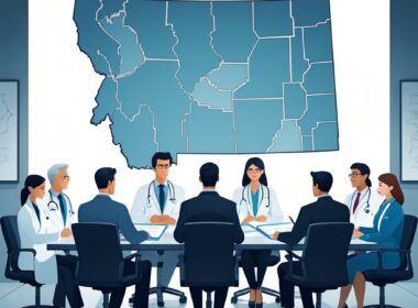 A group of medical and legal professionals sitting around a conference table reviewing documents with a map of Montana on the wall behind them.