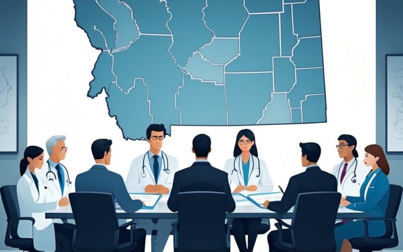 A group of medical and legal professionals sitting around a conference table reviewing documents with a map of Montana on the wall behind them.