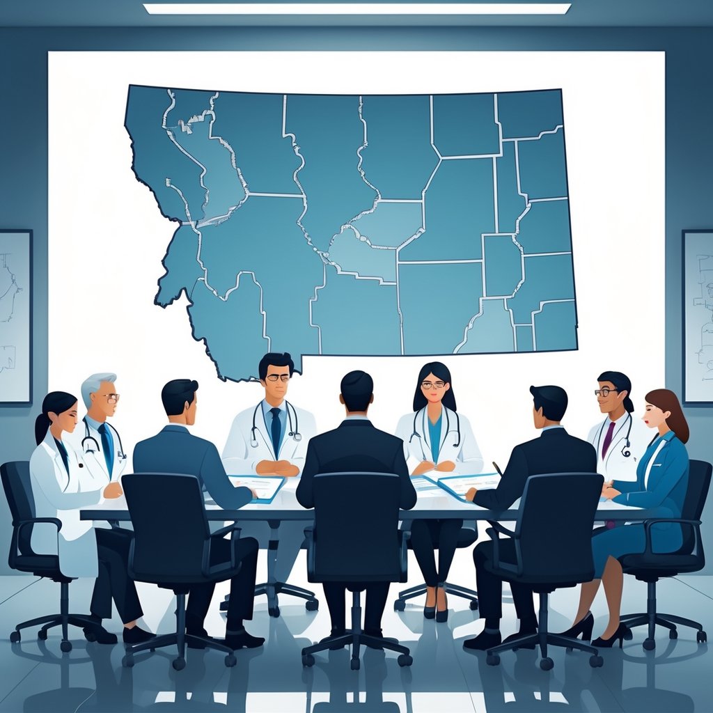 A group of medical and legal professionals sitting around a conference table reviewing documents with a map of Montana on the wall behind them.