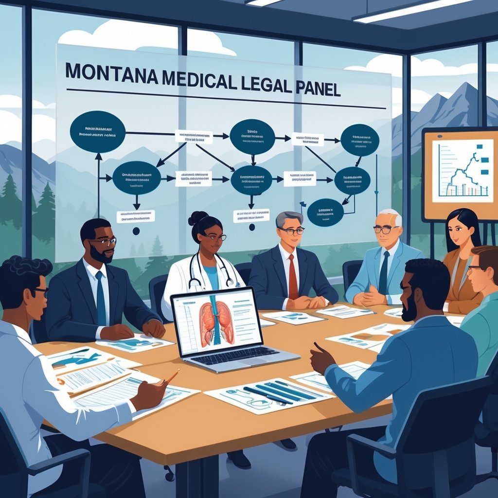 A group of medical and legal professionals meeting around a table, reviewing documents and discussing processes related to medical-legal evaluations, with a Montana mountain landscape visible through a window.