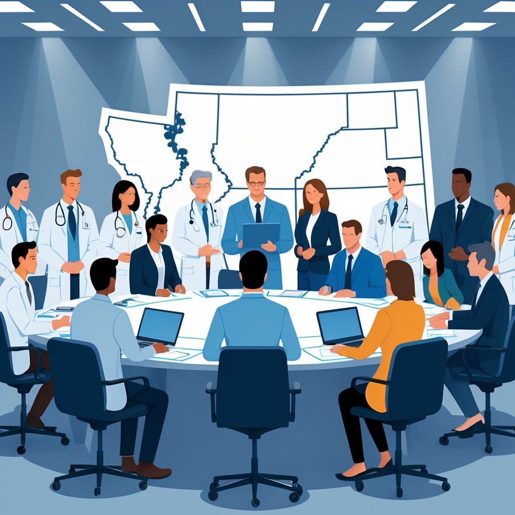 A group of medical and legal professionals sitting around a table in a conference room with a map of Montana on the wall, engaged in discussion.