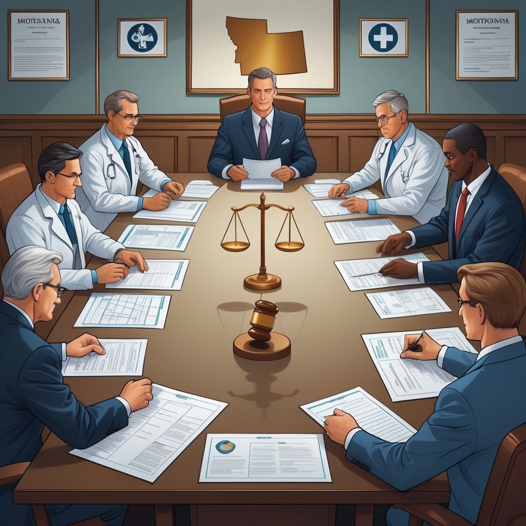 A group of medical professionals and legal experts sitting around a conference table discussing documents with a balanced scale symbol in the center and a Montana state outline in the background.