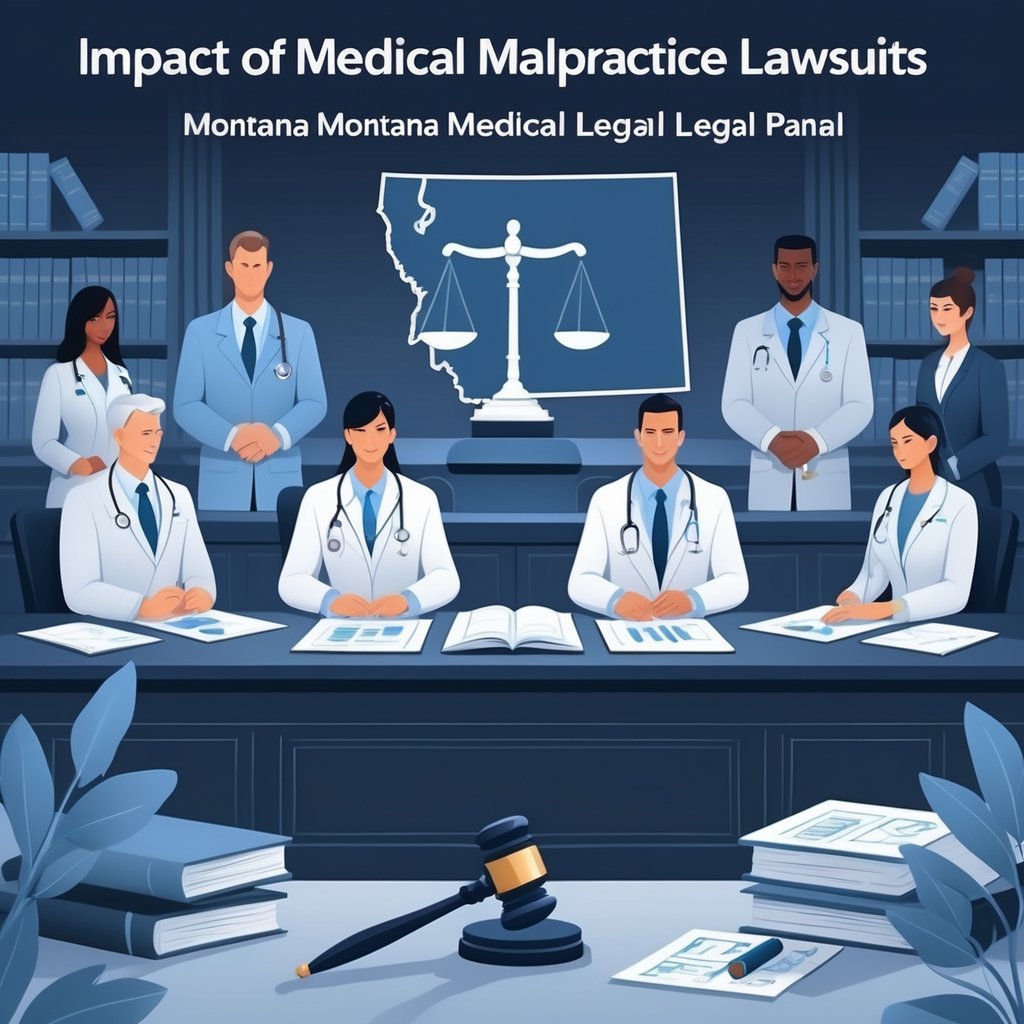 A courtroom scene showing a panel of medical and legal experts discussing medical malpractice cases with a subtle outline of Montana in the background.