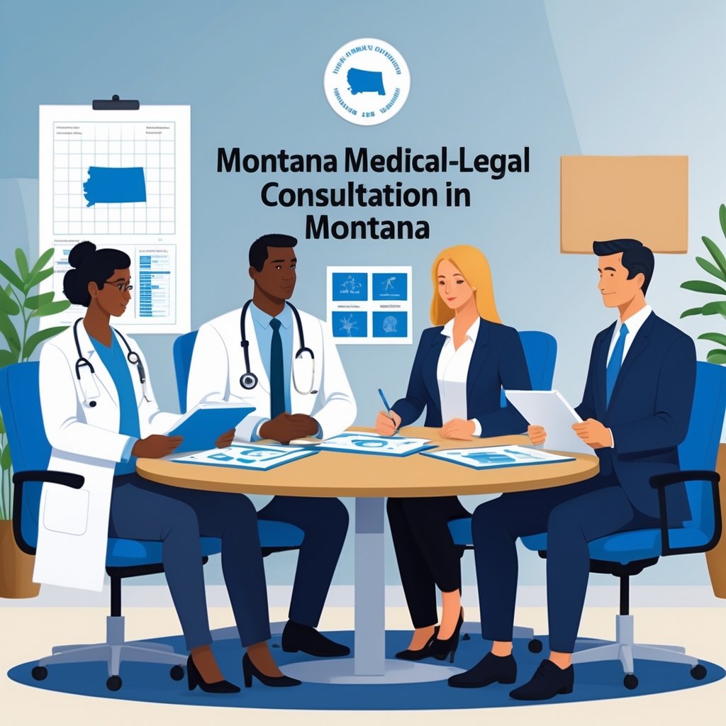 Three professionals—a doctor, a lawyer, and a moderator—sitting around a table in an office discussing medical and legal matters with Montana state symbols in the background.