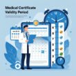A doctor holding a medical certificate next to a calendar and a clock, with medical icons and a timeline showing valid and expired periods.