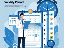 A doctor holding a medical certificate next to a calendar and a clock, with medical icons and a timeline showing valid and expired periods.