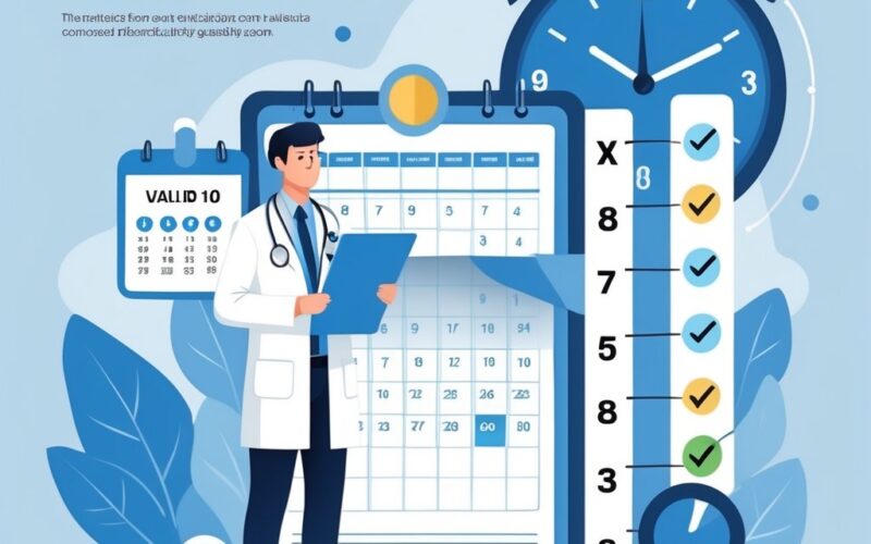 A doctor holding a medical certificate next to a calendar and a clock, with medical icons and a timeline showing valid and expired periods.