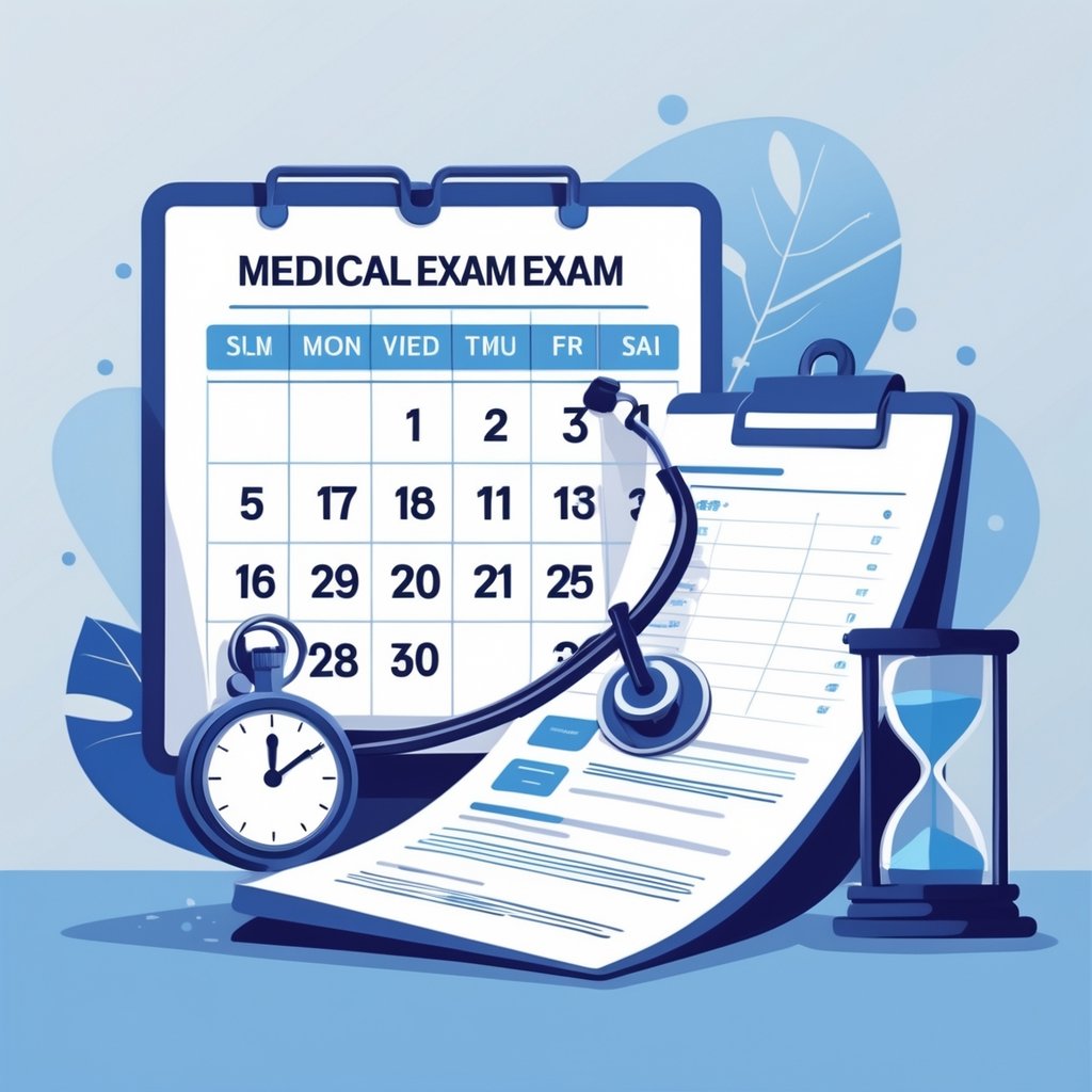 A calendar with highlighted dates next to a medical report and a stethoscope, accompanied by a clock, representing the time validity of medical exams.