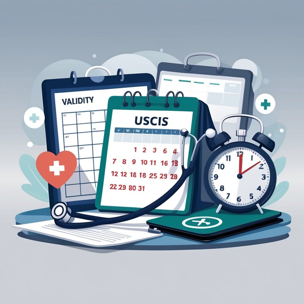 An illustration showing a calendar, medical clipboard with stethoscope, and a clock symbolizing the time validity of medical exams for immigration.