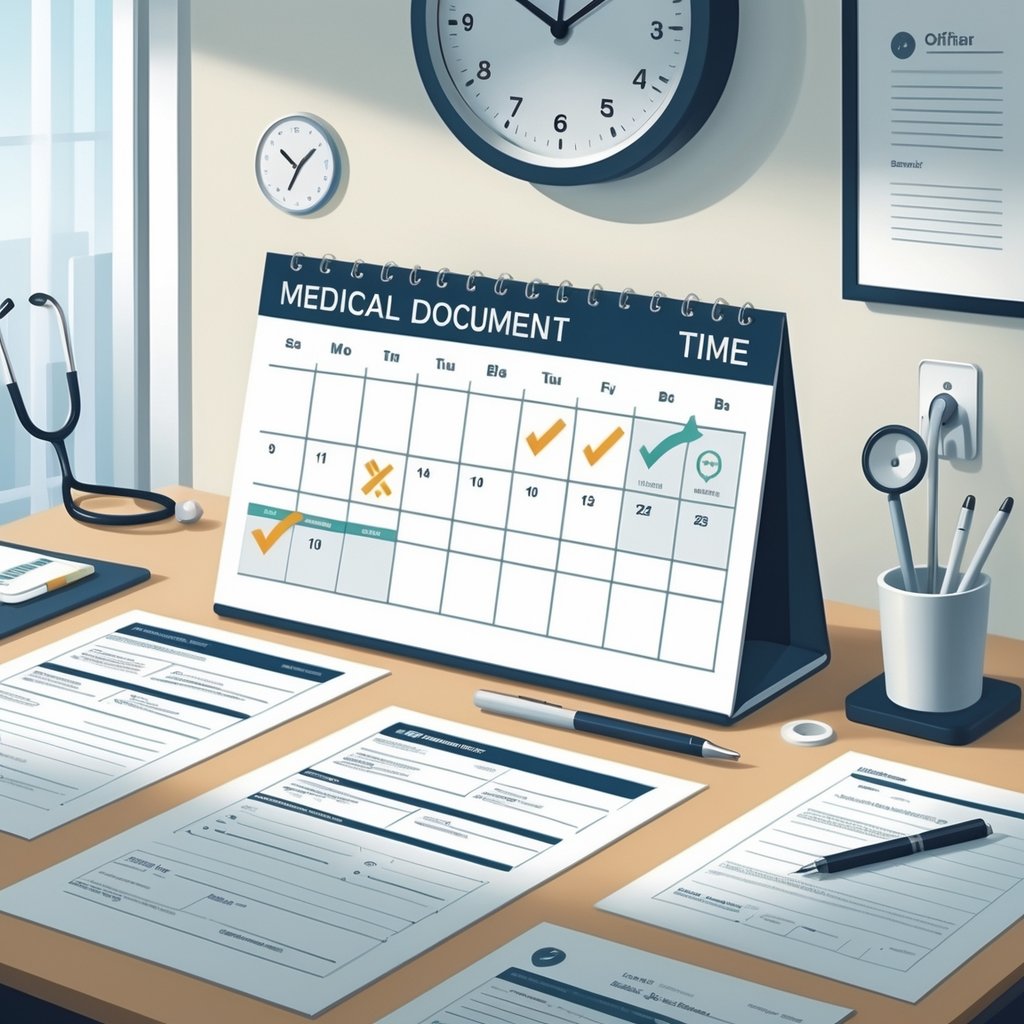 A desk with medical documents, a calendar highlighting dates, and a clock on the wall in an office setting.
