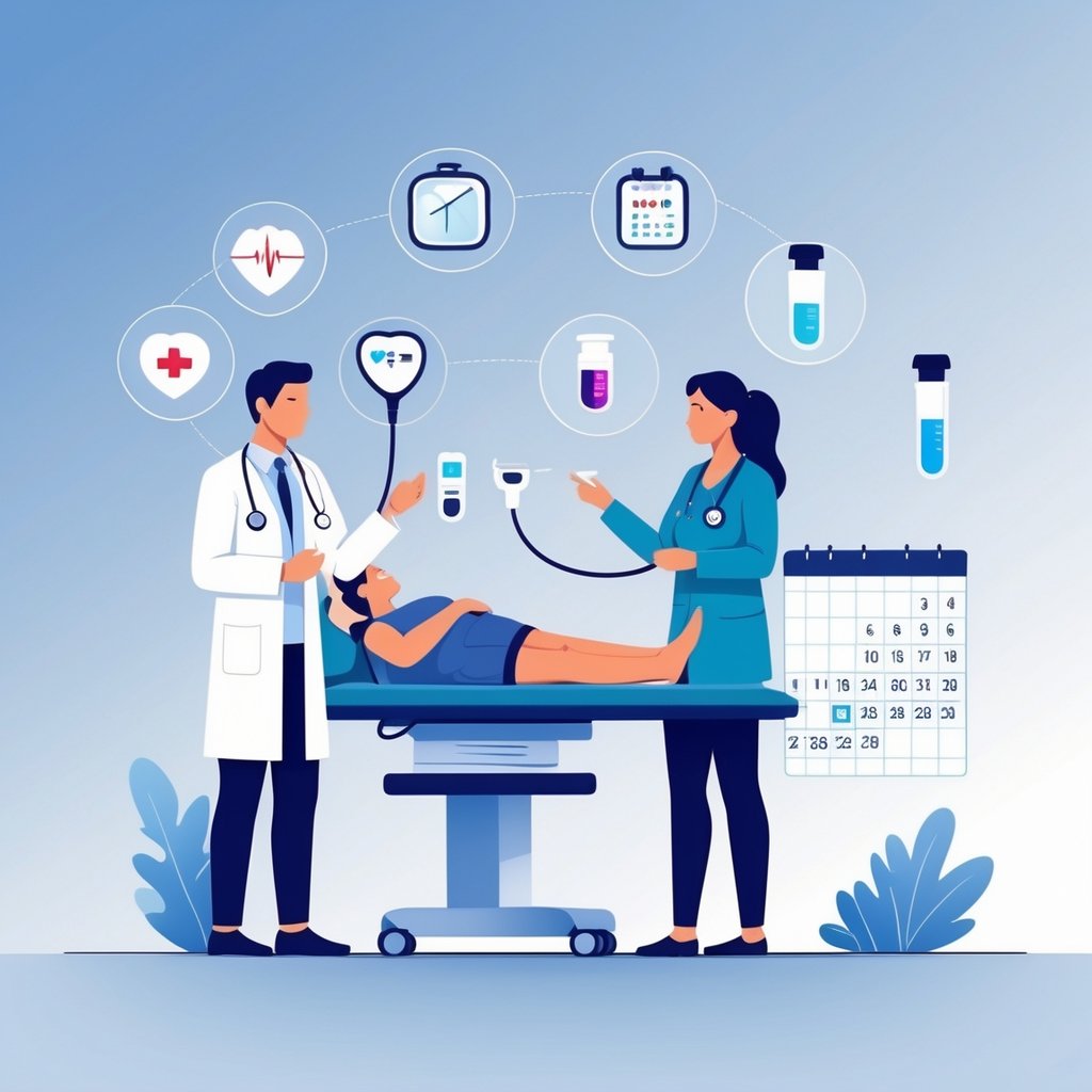 A doctor examining a patient with floating medical icons like a heart monitor, blood pressure cuff, blood test vial, eye chart, and a calendar showing dates around them.