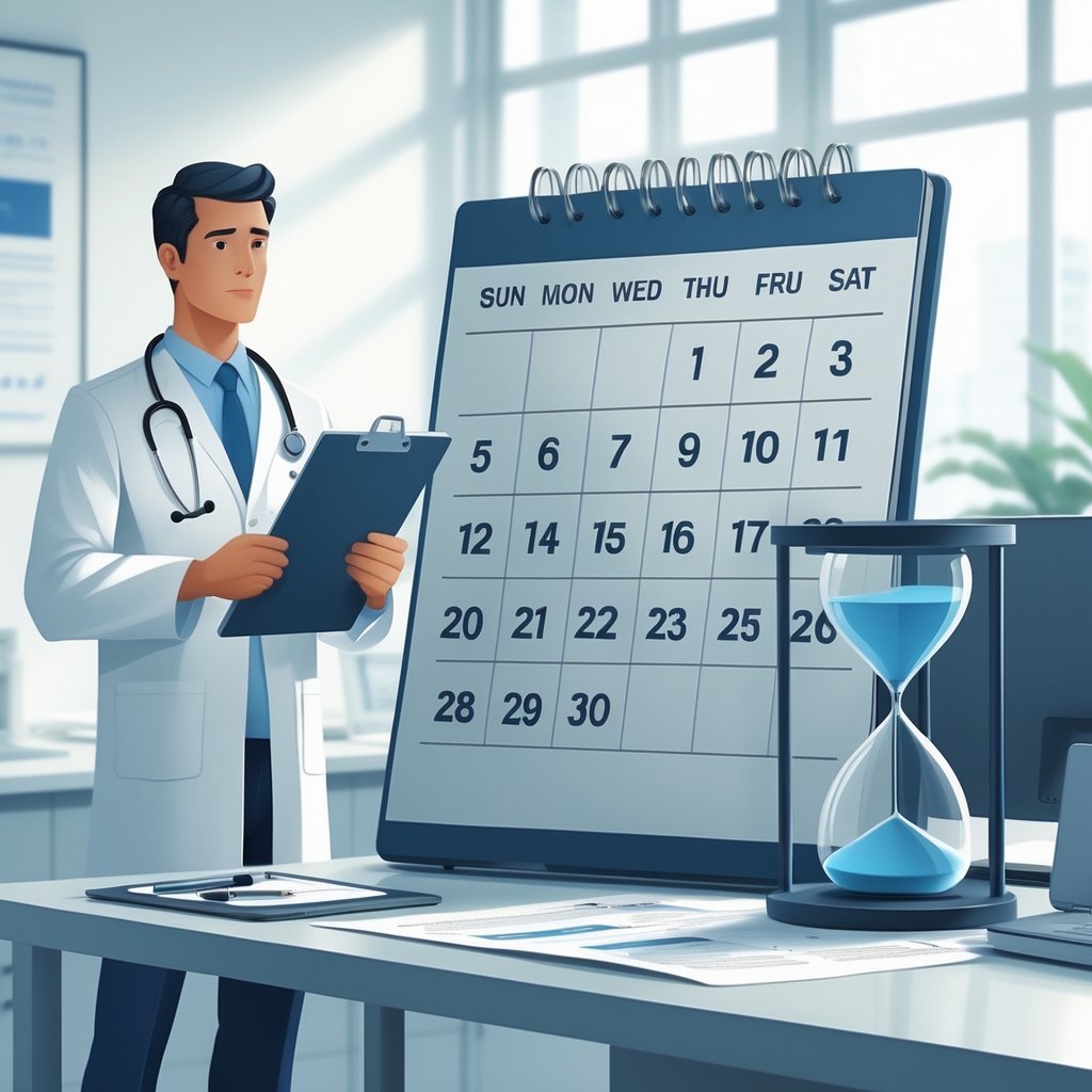 A medical professional standing next to a calendar and an hourglass, with a passport and medical report on a desk nearby.