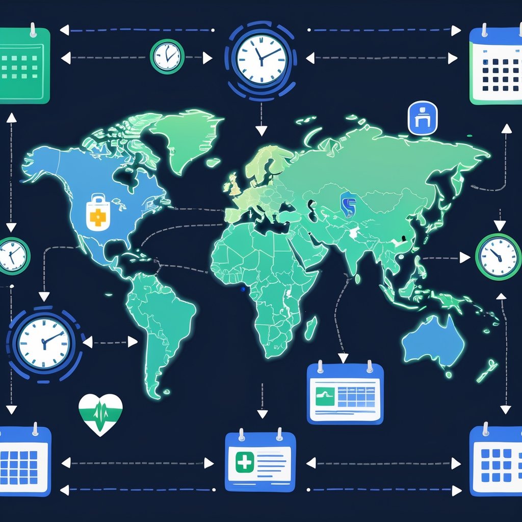 A world map showing several countries highlighted with calendar and medical icons connected around them, representing medical validity periods in different countries.