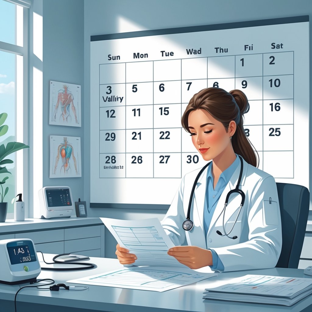 A medical professional reviewing a medical certificate at a desk with a calendar on the wall behind them.