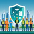 A group of diverse workers protected by a large shield with medical symbols, set against a Bahrain cityscape.