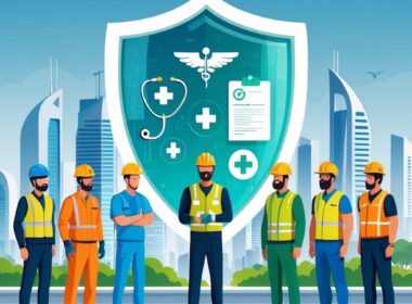 A group of diverse workers protected by a large shield with medical symbols, set against a Bahrain cityscape.
