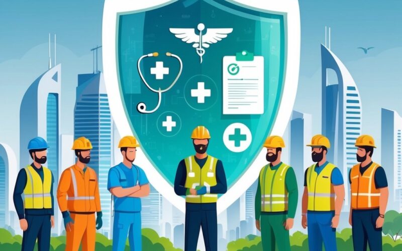 A group of diverse workers protected by a large shield with medical symbols, set against a Bahrain cityscape.