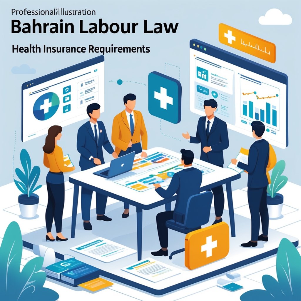 A group of professionals meeting around a table with documents and health insurance symbols, with a Bahrain flag in the background.