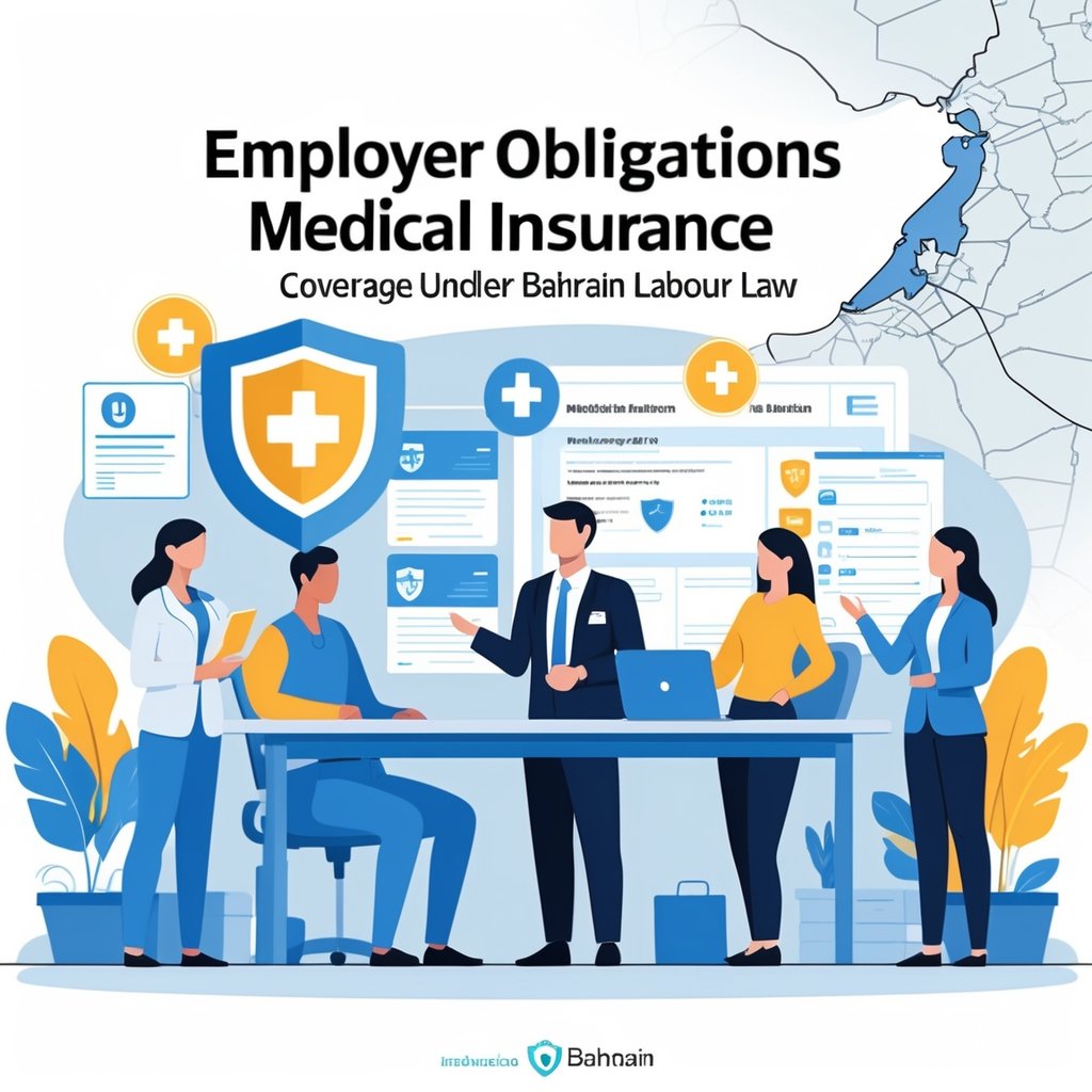 A group of employees in an office discussing medical insurance coverage with a human resources representative, with symbols of medical protection and Bahrain in the background.