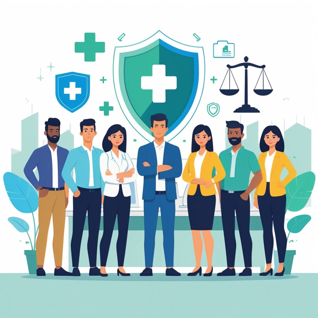 A diverse group of employees standing in an office with icons representing medical insurance and labor law benefits, with Bahrain’s skyline faintly visible in the background.