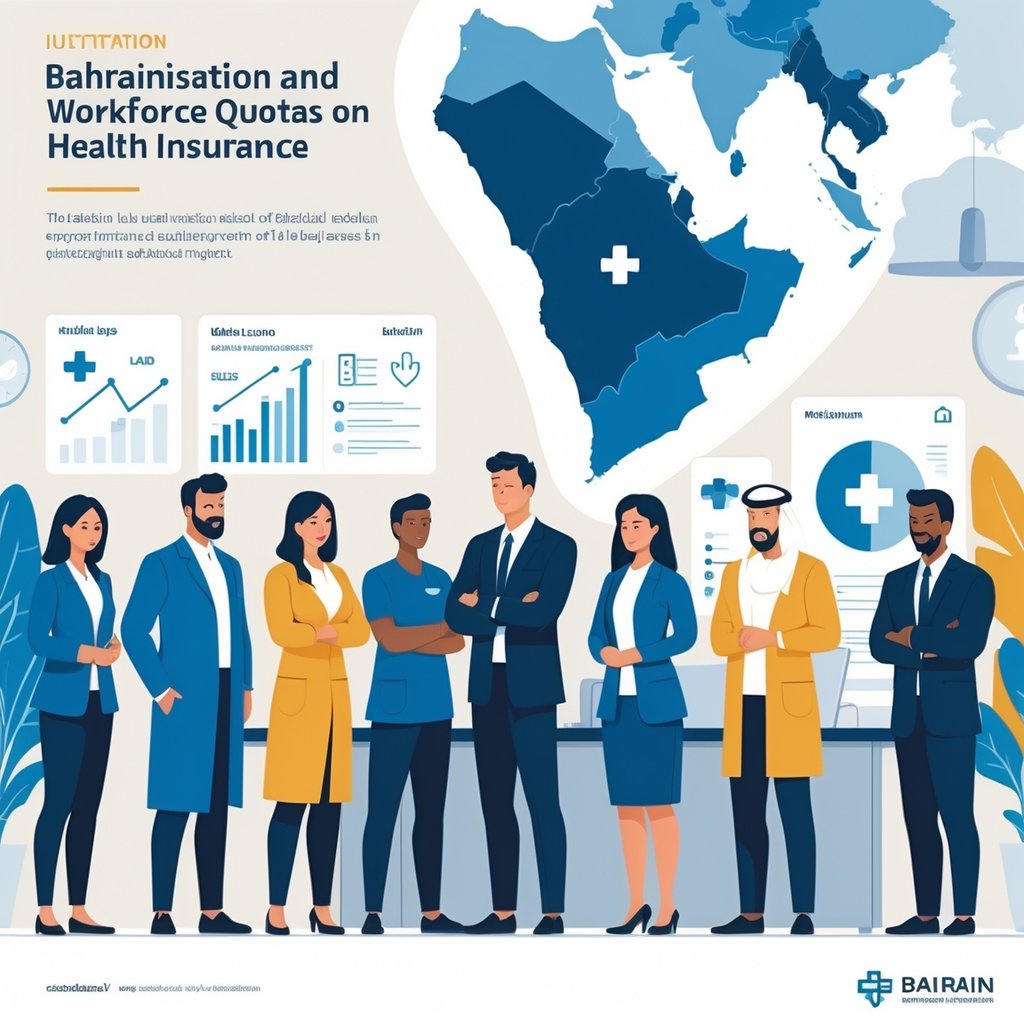 A group of Bahraini and expatriate workers in an office with a map of Bahrain and icons representing health insurance, labour law, and workforce quotas.