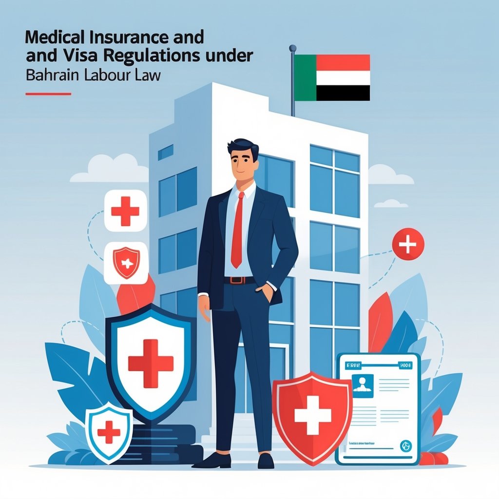 A business professional standing in front of an office building with the Bahrain flag, surrounded by symbols of medical insurance, visa documents, and a map of Bahrain.