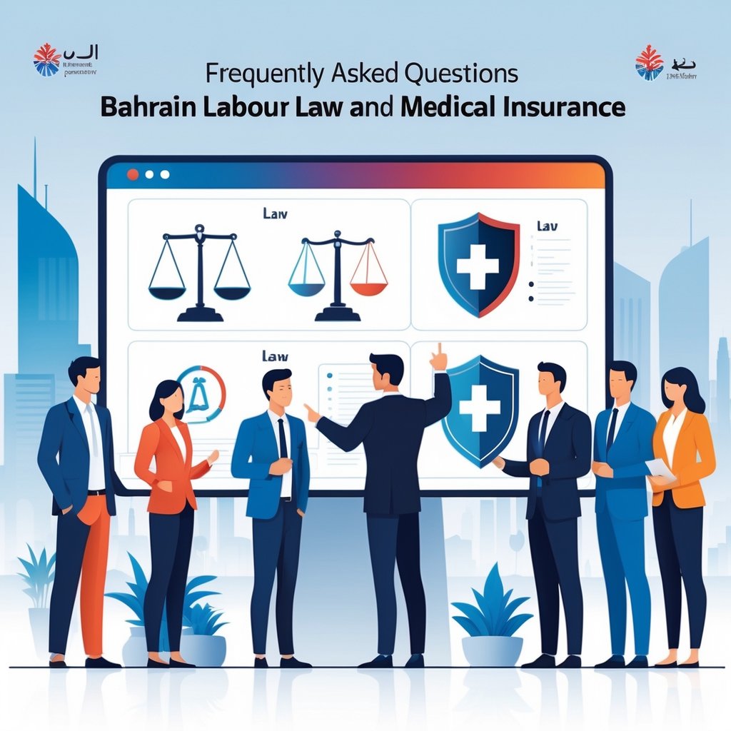 A group of professionals discussing legal and medical insurance topics in a modern office with icons representing law and healthcare.