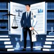 A person standing in an office holding a clipboard, with a stethoscope and scales of justice nearby, surrounded by books representing law and medicine.