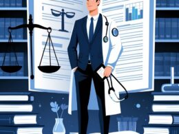 A person standing in an office holding a clipboard, with a stethoscope and scales of justice nearby, surrounded by books representing law and medicine.