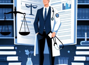A person standing in an office holding a clipboard, with a stethoscope and scales of justice nearby, surrounded by books representing law and medicine.