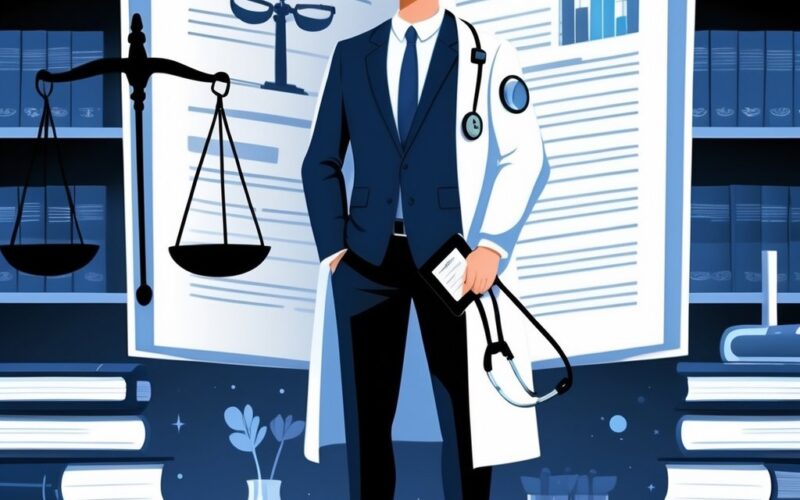 A person standing in an office holding a clipboard, with a stethoscope and scales of justice nearby, surrounded by books representing law and medicine.