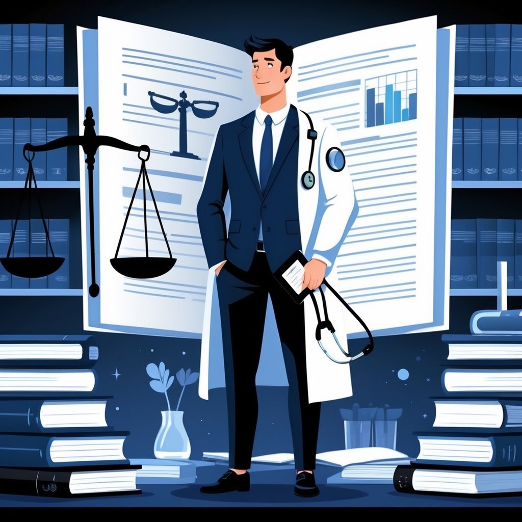A person standing in an office holding a clipboard, with a stethoscope and scales of justice nearby, surrounded by books representing law and medicine.