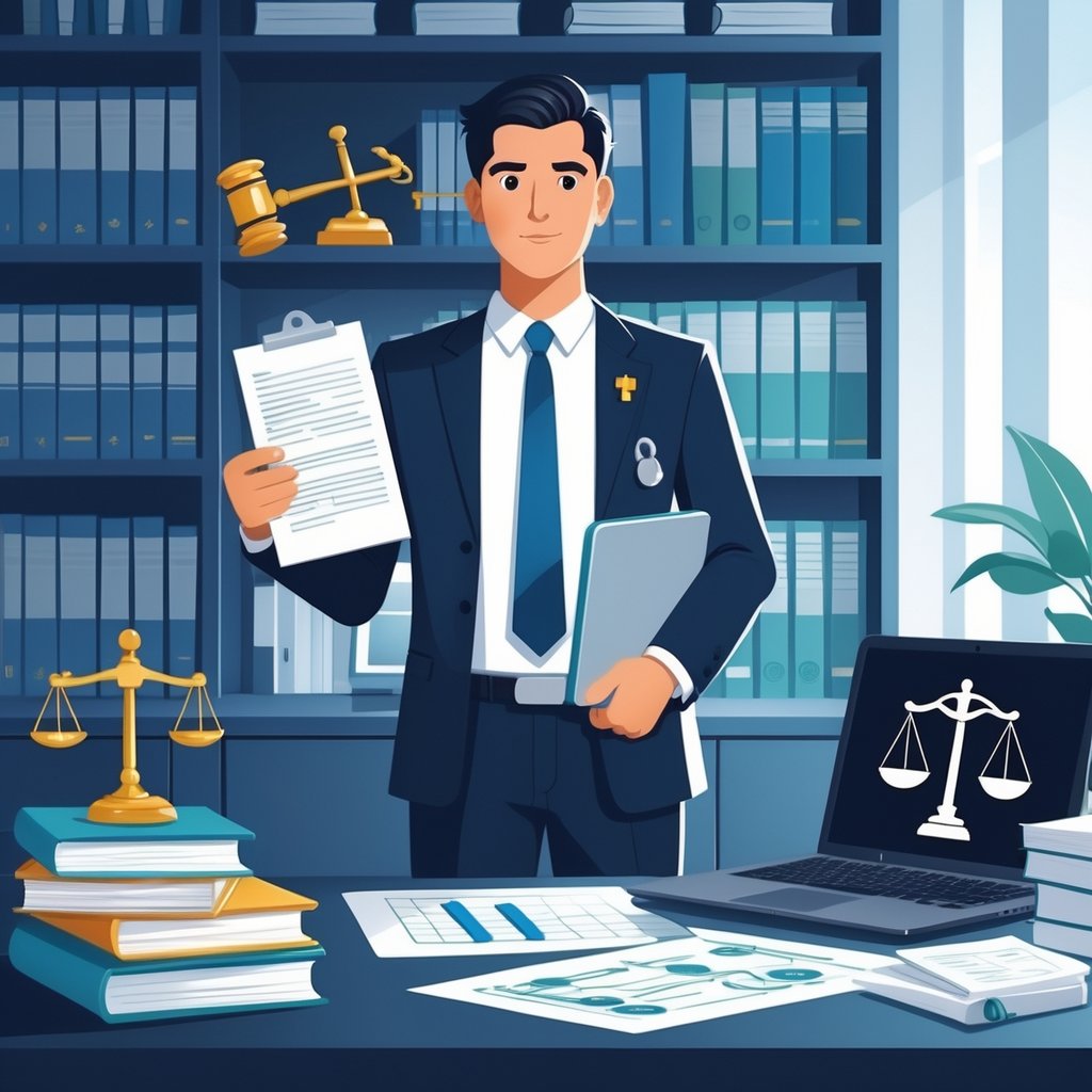 A medical lawyer in an office holding a legal document and a stethoscope, with bookshelves and medical and legal symbols around.