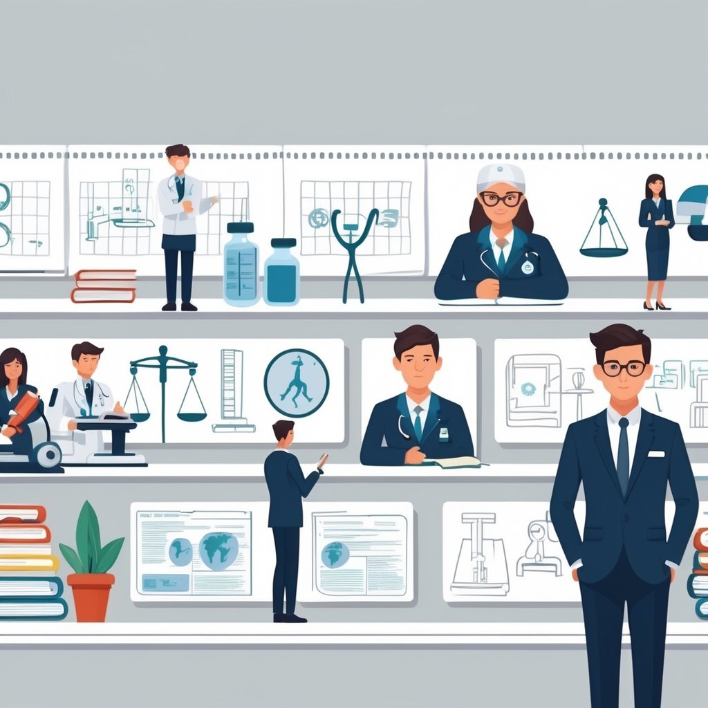 A series of scenes showing a student progressing from studying science, to medical school, to law school, and finally becoming a professional medical lawyer standing between a hospital and a courthouse.