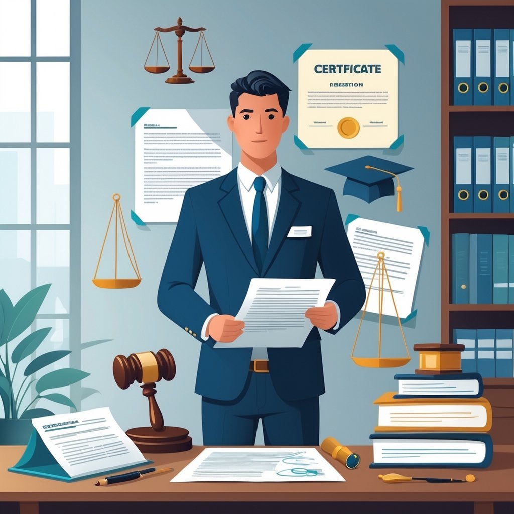 A professional person in a suit reviewing legal and medical documents at a desk with symbols like a gavel, stethoscope, diploma, and certificate in a modern office.