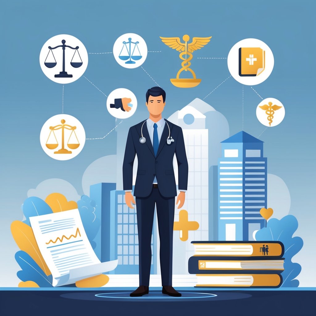 A medical lawyer standing confidently with a stethoscope and business suit, surrounded by icons of justice scales, a gavel, medical documents, and law books, with a courthouse and hospital connected in the background.
