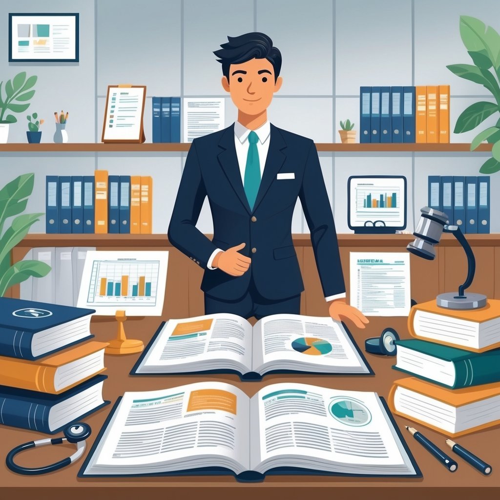 A person in business attire stands at a desk with medical and legal books, a stethoscope, and a gavel in a modern office setting.