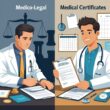 Two contrasting scenes side by side: on the left, a doctor reviewing legal documents with symbols of justice in the background; on the right, a doctor handing a medical certificate to a patient in a clinic setting.