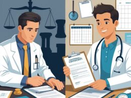 Two contrasting scenes side by side: on the left, a doctor reviewing legal documents with symbols of justice in the background; on the right, a doctor handing a medical certificate to a patient in a clinic setting.