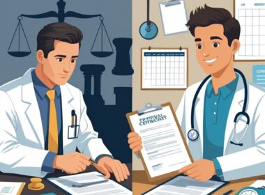 Two contrasting scenes side by side: on the left, a doctor reviewing legal documents with symbols of justice in the background; on the right, a doctor handing a medical certificate to a patient in a clinic setting.