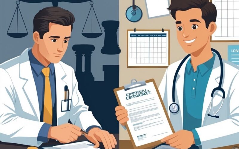 Two contrasting scenes side by side: on the left, a doctor reviewing legal documents with symbols of justice in the background; on the right, a doctor handing a medical certificate to a patient in a clinic setting.