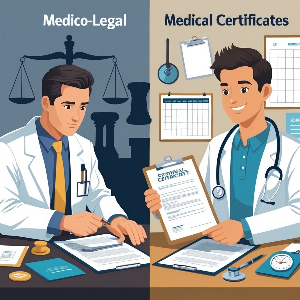 Two contrasting scenes side by side: on the left, a doctor reviewing legal documents with symbols of justice in the background; on the right, a doctor handing a medical certificate to a patient in a clinic setting.