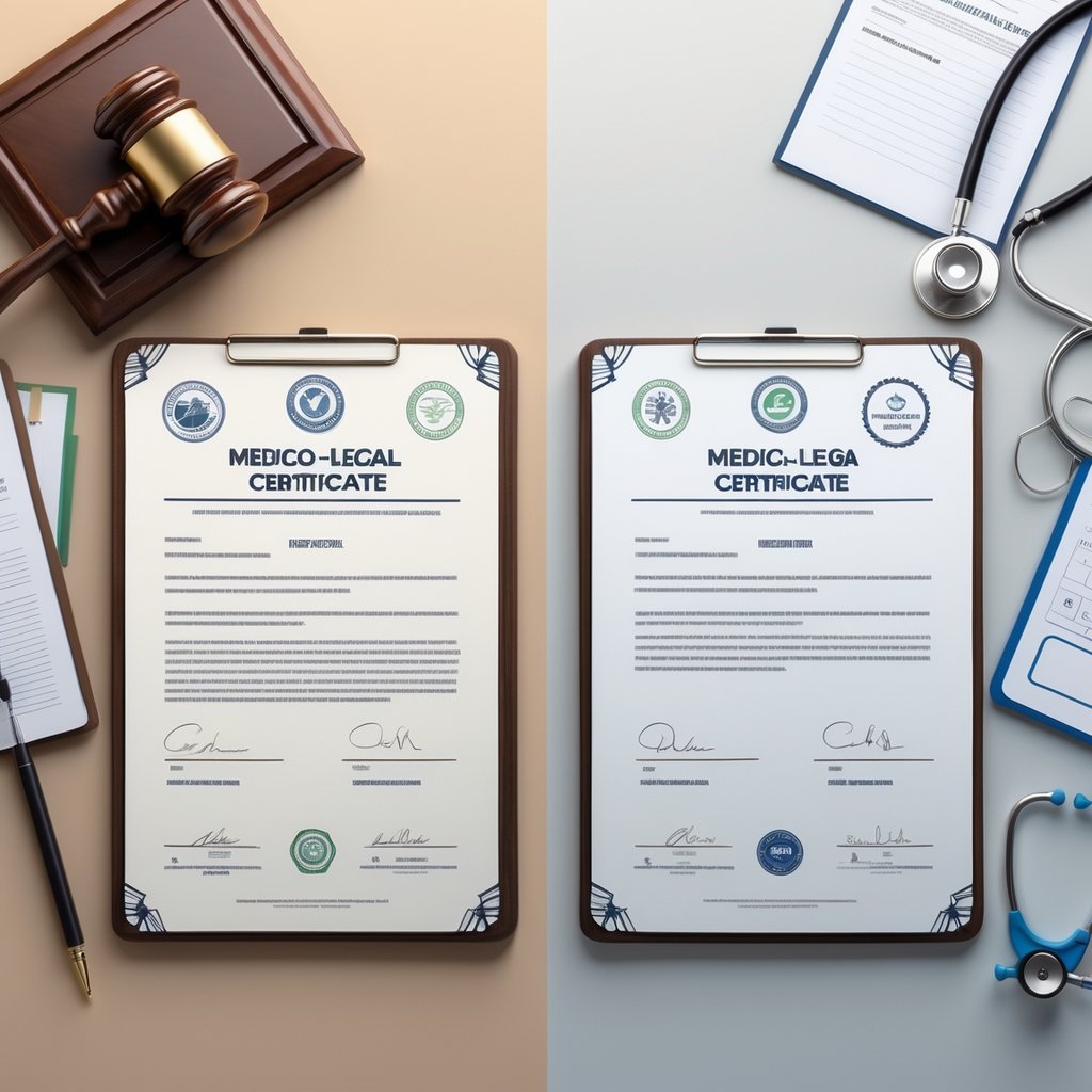 Two documents side by side on desks: a medico-legal certificate with legal items on one side and a medical certificate with medical tools on the other, separated by a subtle dividing line.
