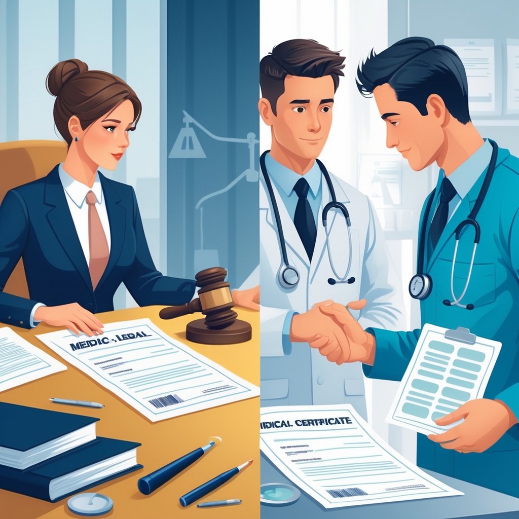 Two scenes side by side showing a legal consultation with documents and a gavel on the left, and a doctor examining a patient with medical tools on the right.