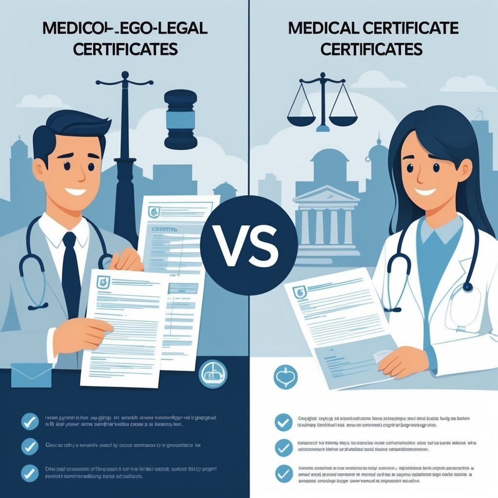 Split image showing a doctor with legal symbols on one side representing medico-legal certificates and a doctor with medical icons on the other side representing medical certificates.