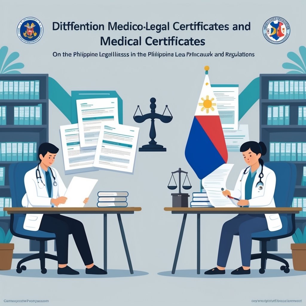 An office scene showing a doctor filling out a medical certificate and a legal professional reviewing medico-legal documents, with law books and a Philippine flag in the background.