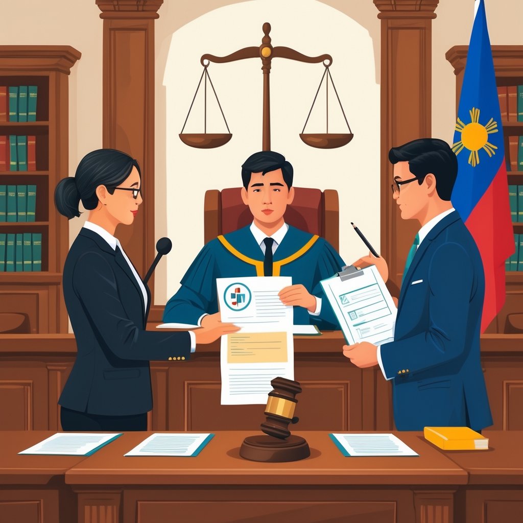 A courtroom scene in the Philippines showing a judge reviewing documents while two lawyers present different medical documents, with a Philippine flag and legal symbols in the background.