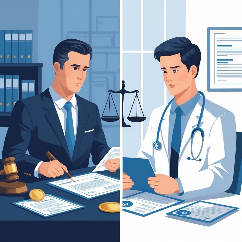 A split scene showing a legal professional reviewing official documents on one side and a doctor consulting a patient with a medical certificate on the other side.