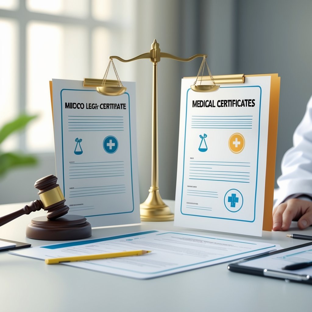 Two documents on a desk side by side, one with legal symbols like a gavel and scales, the other with medical items like a stethoscope and clipboard, connected by a balanced scale between them.